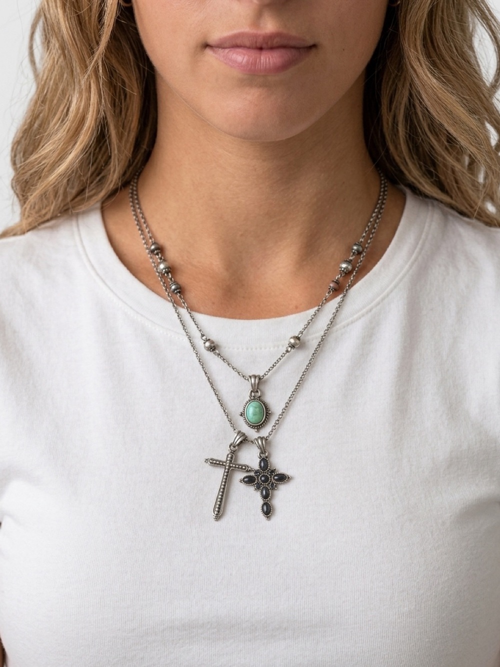 Lucky Brand Double Strand Cross Necklace Turquoise Silver Vintage Y2K Boho